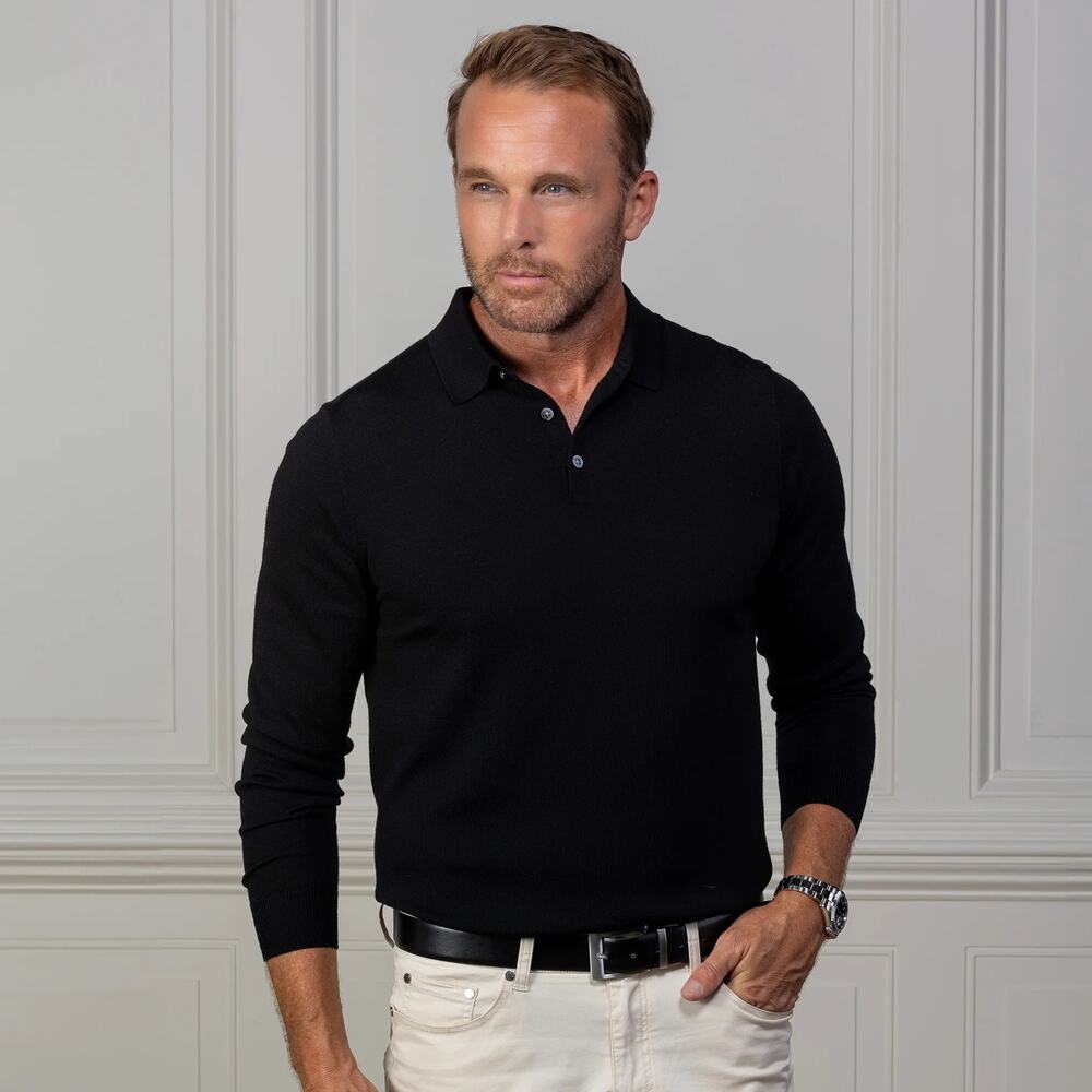 NWOT Collars & Co Bellagio Three Button Long Sleeve Merino Polo Black L